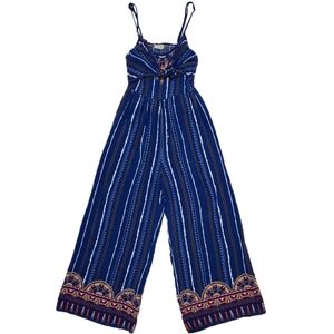 Flying Tomato Boho Wide Leg Jumpsuit Blue Tie Front Cut Out Back Size Small